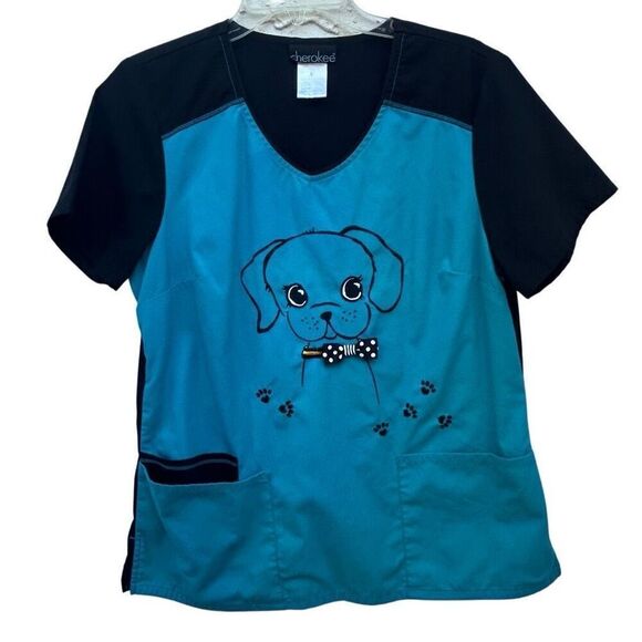 Cherokee Scrub Shirt Women's Medium Blue Black Colorlock Puppy Print Vet Tech - Picture 3 of 10